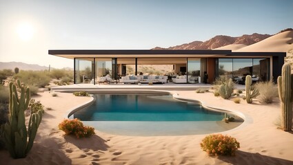 Luxurious desert dream house with an infinity pool, cacti gardens, and breathtaking views of sand dunes