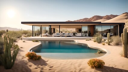 Fototapeta premium Luxurious desert dream house with an infinity pool, cacti gardens, and breathtaking views of sand dunes