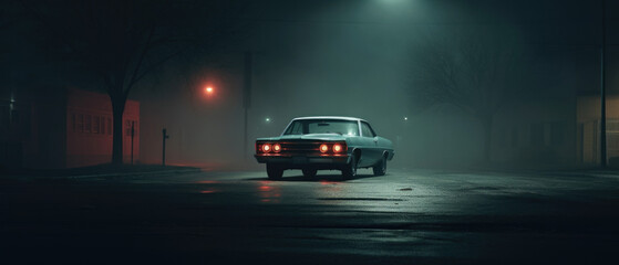 Retro car on night street. Neon color. - obrazy, fototapety, plakaty