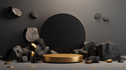 Modern minimal showcase scene with empty podium for product presentation , Luxury product placement scene background with stone cube podium on marble table. Premium beauty products - Ai