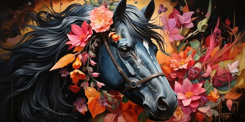 A painting a black horse head with colorful tropical flowers. Wildlife Animals