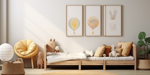 A mock - up frame in a children's room with natural - wood furniture