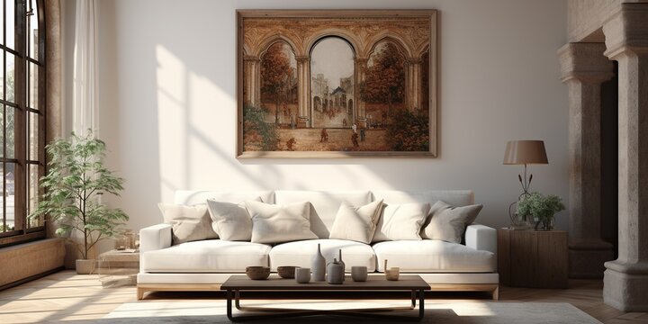 A living room with a white couch and large painting hanging on the wall above it in an old style setting