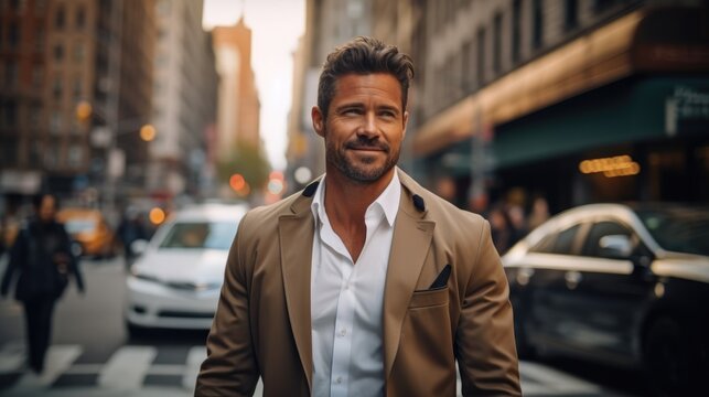 Handsome man walking with a determined look on the streets of new york.
