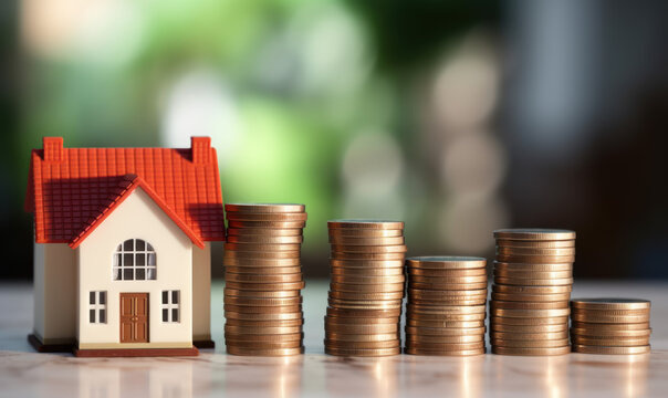 stack of coins increasing in height beside a miniature house model