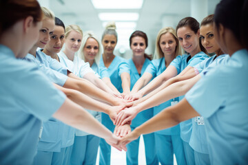Fototapeta na wymiar several nurses in a row holding their hands together in a circle
