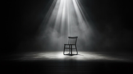 wooden chair on stand up comedy stage with reflectors ray, high contrast image - obrazy, fototapety, plakaty