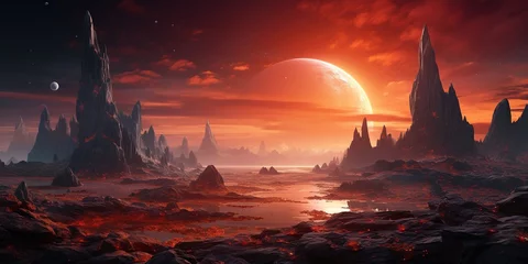 Fototapete Orange Alien planet landscape with glowing sun and mountains with fantastic rocks formations