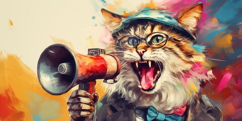 Art collage. A crazy cat with a megaphone. Promotion, action, ad, job questions, discussion....