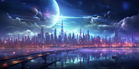 Beautiful neon night in a cyberpunk city. Illustration of the futuristic city skyscraper.