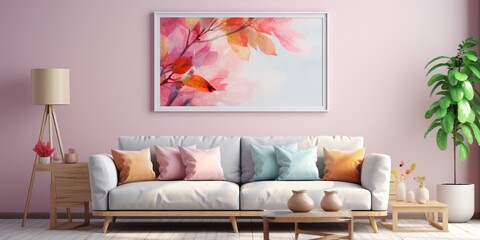 Bohemian Interior Design Style living room in pastel colors mock - up with frame for picture