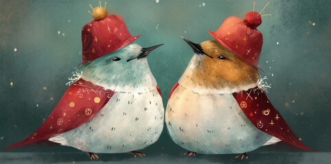 a vintage hand drawn christmas cute couple of birds under a starry night