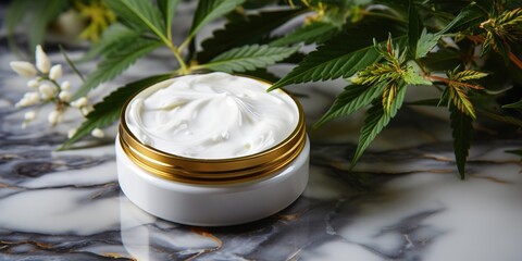 Obraz na płótnie Canvas Cannabis face cream jar on marble table close up