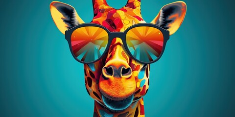 Cartoon colorful giraffe with sunglasses on isolated background.