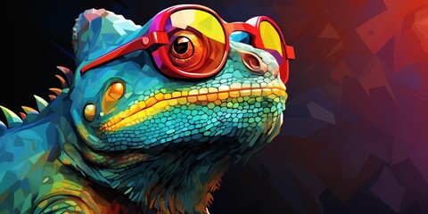 Chameleon wearing sunglasses on a solid color background, vector art, digital art, faceted, minimal, abstract, panorama background