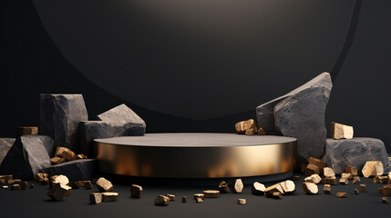 Modern minimal showcase scene with empty podium for product presentation , Luxury product placement scene background with stone cube podium on marble table. Premium beauty products - Ai
