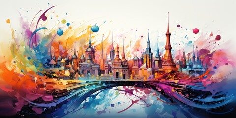 Colorful cityscape round swirl brush strokes. Abstract painting in bright colors.