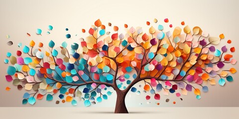 Colorful tree with leaves on hanging branches illustration background. abstraction wallpaper. Floral tree with multicolor leaves - obrazy, fototapety, plakaty