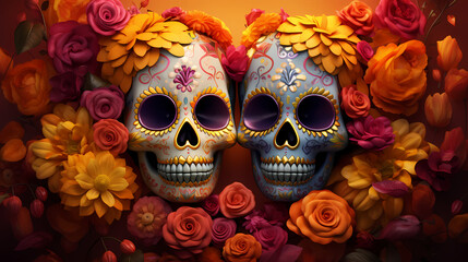 A festive background portraying a colorful array of sugar skulls adorned with marigold blooms, 3D render digital artistry, encapsulating the essence of Hispanic heritage and D&iacute;a de los Muertos