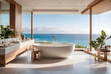 Fototapeta na wymiar A spa-like bathroom with a freestanding bathtub positioned to face the ocean view.