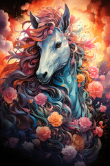 white horse with colorful mane surrounded by roses