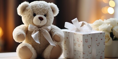 Cute white children's toy bear in a box close - up in a children's room.