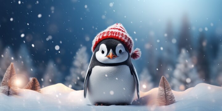 Cute penguin in a santa hat on a winter background.