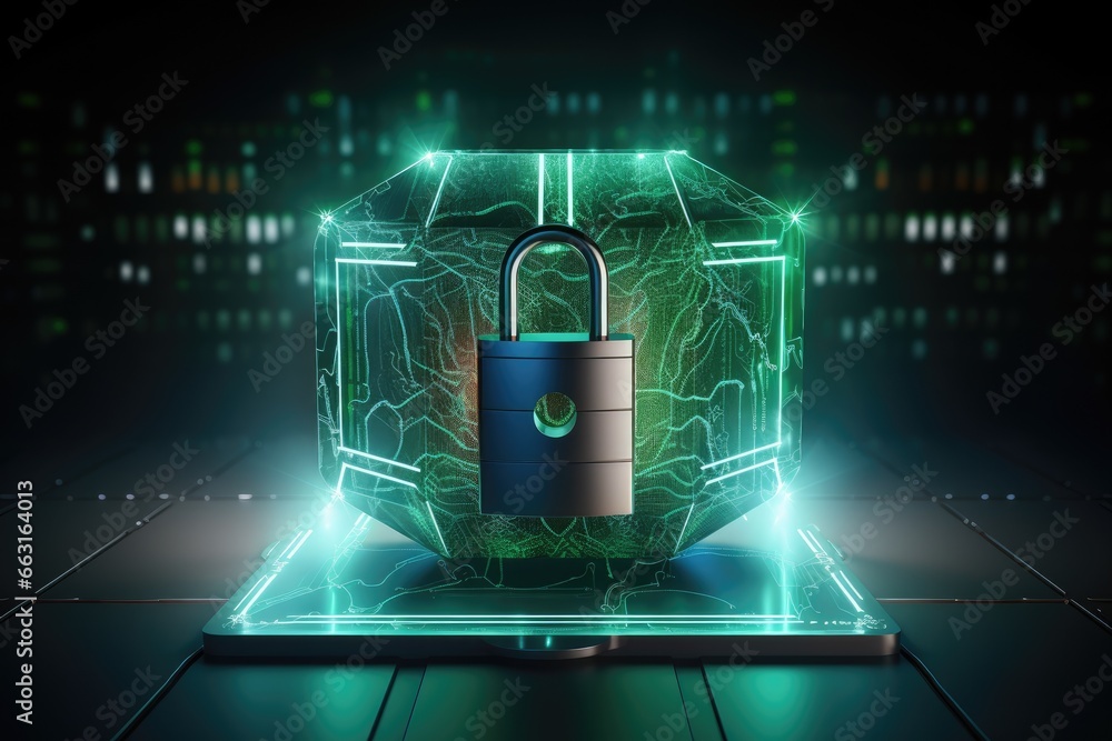 Poster cyber security concept with padlock on computer screen. 3d rendering, cyber security concept hologra