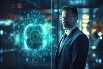 Portrait of a confident businessman in a suit and glasses standing in front of a glowing blue hologram with a binary code interface. Toned image double exposure, Cyber security concept, AI Generated - Powered by Adobe