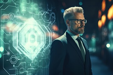 Portrait of a mature businessman wearing glasses and a black suit standing in the night city with glowing bitcoin hologram. Toned image double exposure, Cyber security concept, AI Generated