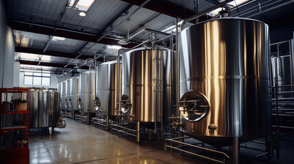 Modern wine factory with large shine tanks for the fermentation.