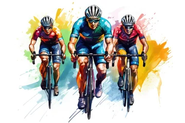 Tuinposter Cyclists Riding the Bike on Watercolor Splash Background. Extreme Sport Concept, Cyclists team riding on bicycles, color drawing. Bike race banner, AI Generated © Iftikhar alam