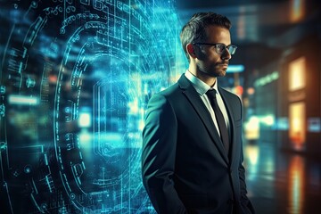 Fototapeta premium Portrait of a serious businessman in a suit and glasses standing against the background of a futuristic circuit board, Cyber security concept with businessman on blurred background, AI Generated