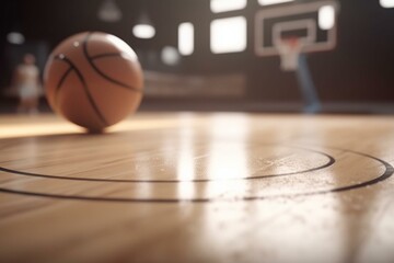 3D render of basketball court with blurred floor and shiny unfocused hoop. Generative AI - obrazy, fototapety, plakaty
