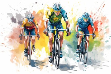 Illustration of a group of cyclists on a colorful watercolor background, Cyclists team riding on bicycles, color drawing. Bike race banner, AI Generated