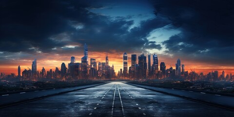 Empty asphalt road with city skyline