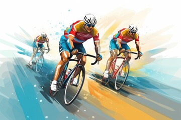 Bicyclist racing on a colorful background. Sport illustration, Cyclists team riding on bicycles, color drawing. Bike race banner, AI Generated