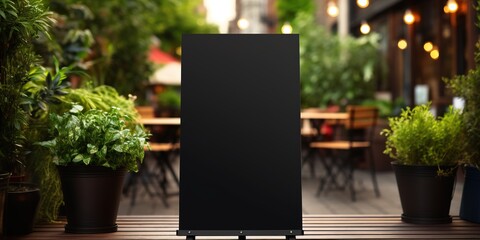 Empty black menu board mockup near restaurant or cafe entrance. Cafe menu on the street, advertising black mockup.