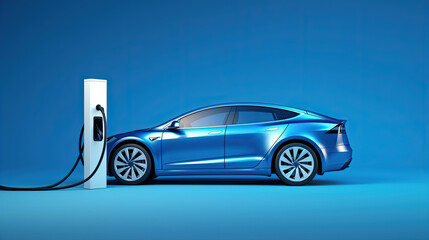 electric car connected to charger on blue background 3D Rendering, 3D Illustration 
