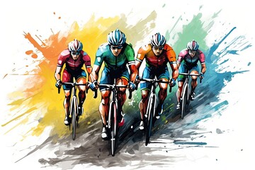 Illustration of a group of cyclists on a road bike racing, Cyclists team riding on bicycles, color drawing. Bike race banner, AI Generated