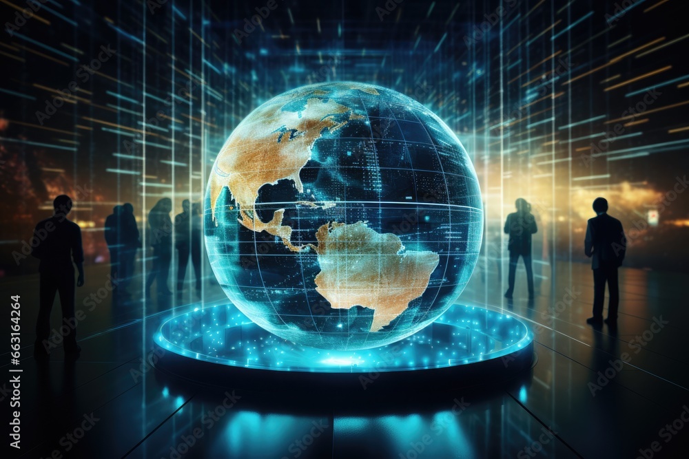 Poster globe and business people on abstract digital background. 3d rendering, data transfer through global