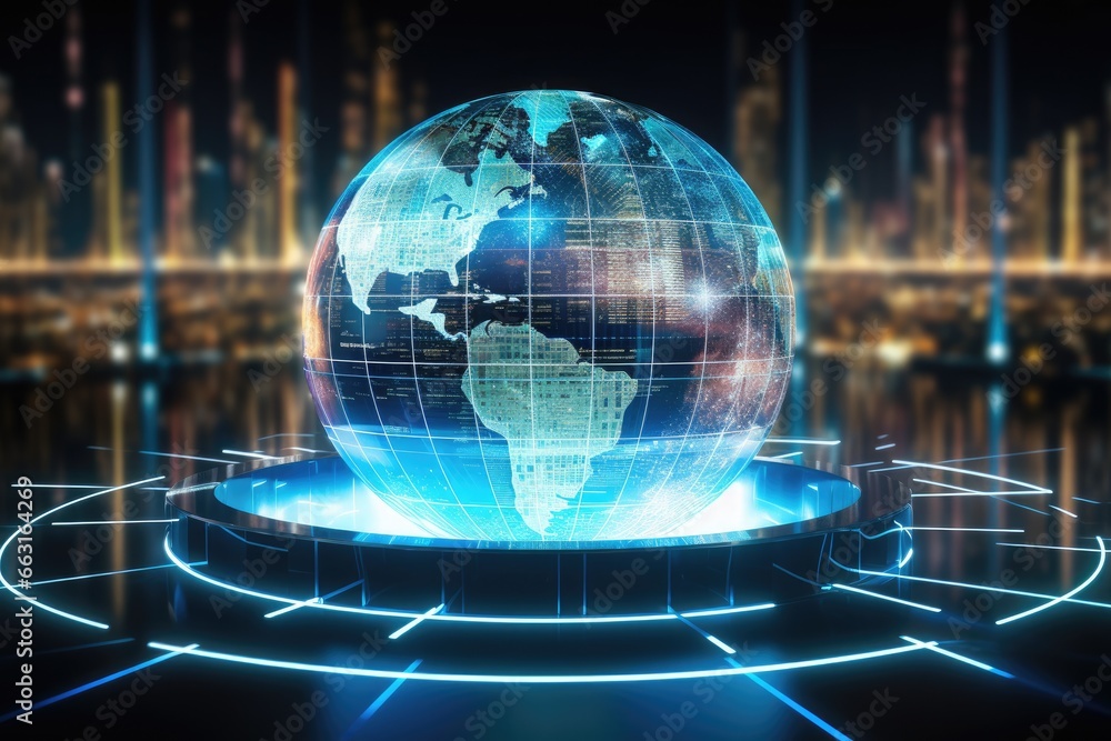 Poster globe with glowing dots and lines on dark background. 3d rendering, data transfer through global net