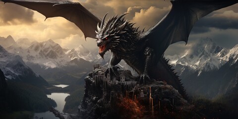 Fierceblack dragon on mountain ridge