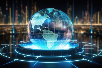 Globe with glowing dots and lines on dark background. 3D rendering, Data transfer through global network infrastructure, Digital communication system on a globe hologram, AI Generated