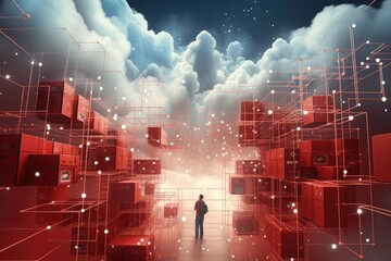 Digital composite of Man in front of boxes with network against blue sky, Datos en la nube y red.Concepto de ciencia y tecnología, AI Generated - Powered by Adobe