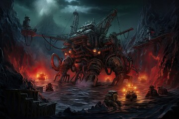 Fantasy landscape of the underwater world. 3d render illustration, deep sea mining, AI Generated