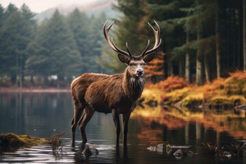 Red deer stag in a lake in autumn, Scotland, UK, deer in the wild HD 8K wallpaper Stock...