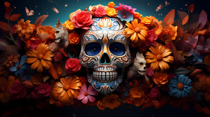 A festive background portraying a colorful array of sugar skulls adorned with marigold blooms, 3D render digital artistry, encapsulating the essence of Hispanic heritage and D&iacute;a de los Muertos