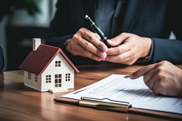 Building dreams. Miniature house with hand on financial background. Real estate ambitions. Miniature houses model and business concept. Investing in home