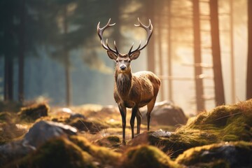 Red deer stag in the forest. Beautiful animal in the nature habitat, deer in the wild HD 8K wallpaper Stock Photographic Image, AI Generated